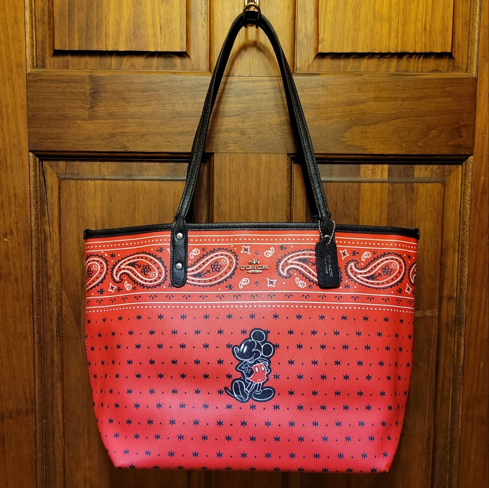 Coach X Disney Bandana Paisley Mickey Mouse Tote Bag F59376 Red, Black & White